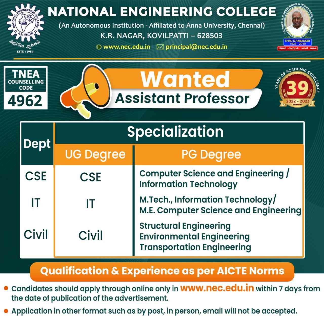 Faculty Recruitment National Engineering College