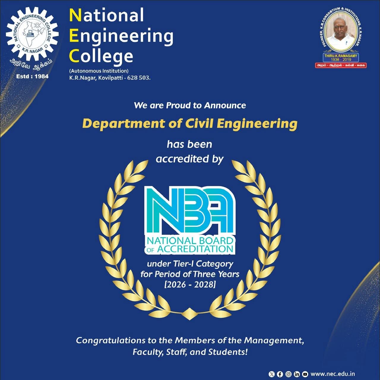 Department of Civil Engineering has been accredited by NBA